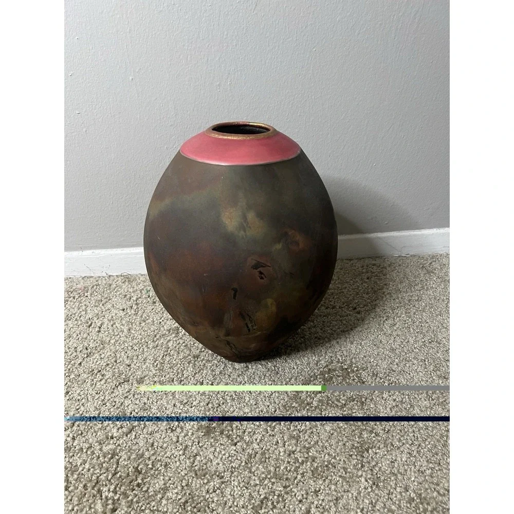 VTG. Raku Pottery Vase Signed Iridescent Earth Tone Finish 1998